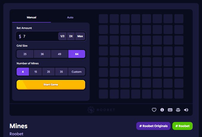 A Mines game interface from Roobet with a $7 bet, 64 grid size, 4 mines selected, and a 'Start Game' button.