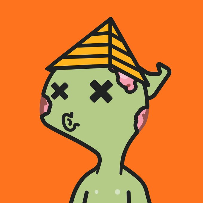 A cartoon zombie-like green figure with X-shaped eyes and a striped pyramid hat drools on a bright orange background, playfully illustrating the "dead" or zombie-like state implied by the post about feeling "dead" toward @LongLostNFT.