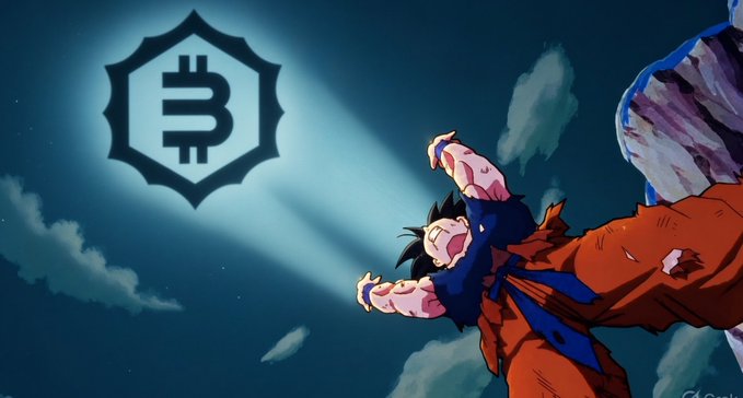 An anime-style illustration of a spiky-haired character, resembling Goku, flying away from a glowing Bitcoin logo in a dark sky.