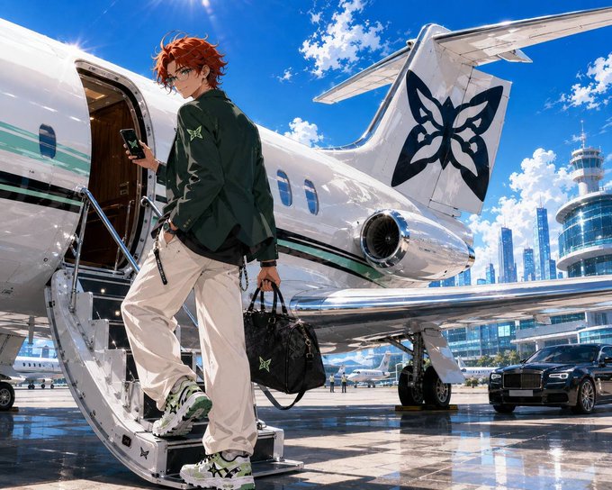 An anime-style illustration depicts a young man with orange hair stepping down from a private jet adorned with a butterfly logo, with a black luxury car waiting on the tarmac below.