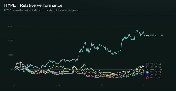 A line chart titled "HYPE - Relative Performance" showing HYPE's YTD performance significantly outperforming major cryptocurrencies, with HYPE at +238.1% compared to FET (+17%), ICP (+10.1%), HBAR (+11.4%), FIL (-15.7%), ADA (-25.6%), and DOT (-37.9%). The visualization illustrates HYPE's dominance over its "god tier and legendary tier" crypto peers throughout 2024, with HYPE's teal line climbing sharply while competitors remained clustered near or below the baseline.