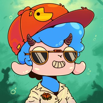 A cartoon avatar of a character with blue hair wearing a red cap with a bird logo, round sunglasses, and a hoodie, set against a green watercolor background.