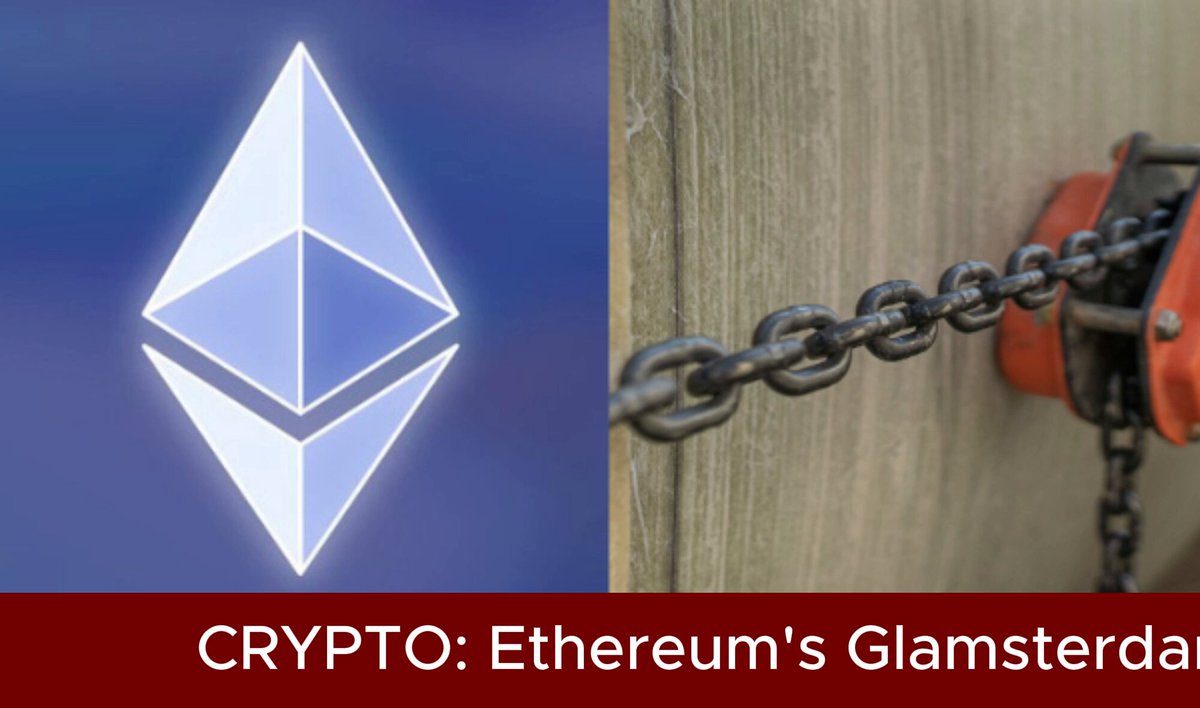 The image features an advertisement for Bitcoin and Ethereum's latest upgrades. It shows a close-up of a chain with a Bitcoin symbol, indicating that the updates have been completed and are now ready for public release. The text above the image reads "Crypto: Etherium's Glamsterda", which is likely a reference to the new features or improvements in the Ethereum blockchain.