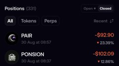 A trading app screenshot showing closed positions with two losing trades: 'PAIR' at -$92.90 (-23.39%) and 'PONSION' at -$102.09 (-12.86%), both from August 30.