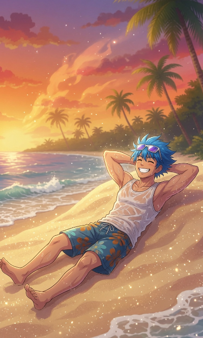 An anime-style young man with blue hair and sunglasses relaxes on a tropical beach at sunset, smiling with his hands behind his head. The serene, carefree scene symbolizes the seamless, enjoyable user experience that projects like @useTria and @NomismaNetwork aim to build through intuitive crypto infrastructure, making financial tools feel as natural and effortless as a day at the beach.