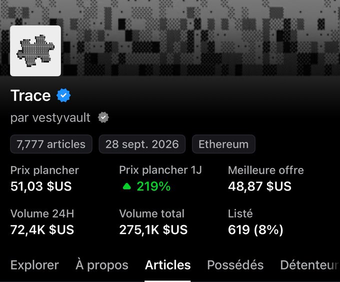 A mobile screenshot of an NFT collection called 'Trace' by vestyvault on Ethereum, showing statistics like a floor price of 51.03 US$, 24H volume of 72.4K US$, and 619 (8%) ownership distribution.