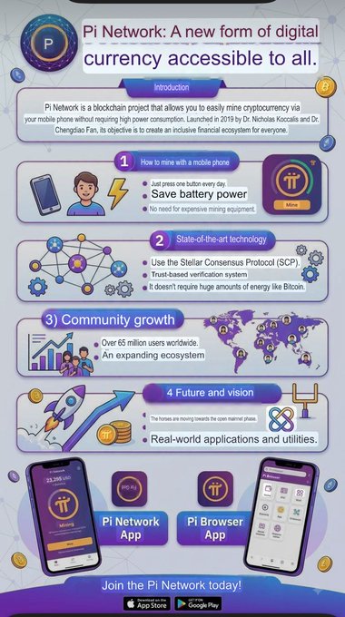 An infographic titled 'Pi Network: A new form of digital currency accessible to all' explains the cryptocurrency project, highlighting features like mobile mining to 'Save battery power' and its over 55 million users, promoting the 'Pi Network App' and 'Pi Browser App'.