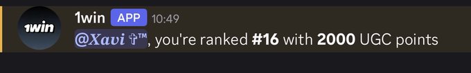 A Discord message notification from the 1win app stating '@Xavi, you're ranked #16 with 2000 UGC points.'