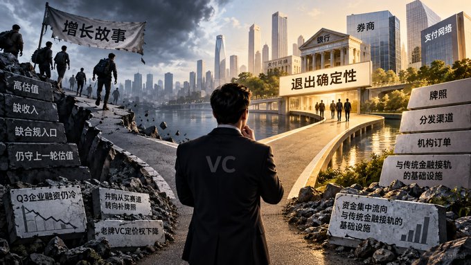 An illustration showing a VC (venture capitalist) figure standing at a crossroads between a crumbling path labeled with Chinese text including '增长故事' (Growth Story), '高估值' (High Valuation), 'Q3企业融资仍冷' (Q3 corporate financing still cold), '老牌VC定价权下降' (Old VC pricing power declining), and a golden bridge representing '退出确定性' (Exit Certainty) with '券商' (Brokers), '支付网络' (Payment Networks), '牌照' (Licenses), '分发渠道' (Distribution Channels), '机构订单' (Institutional Orders).