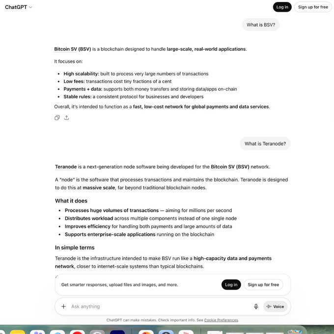 A ChatGPT conversation screenshot showing responses explaining Bitcoin SV (BSV) as a blockchain for large-scale applications with high scalability, low fees, and data support, and Teranode as next-generation node software for the BSV network.