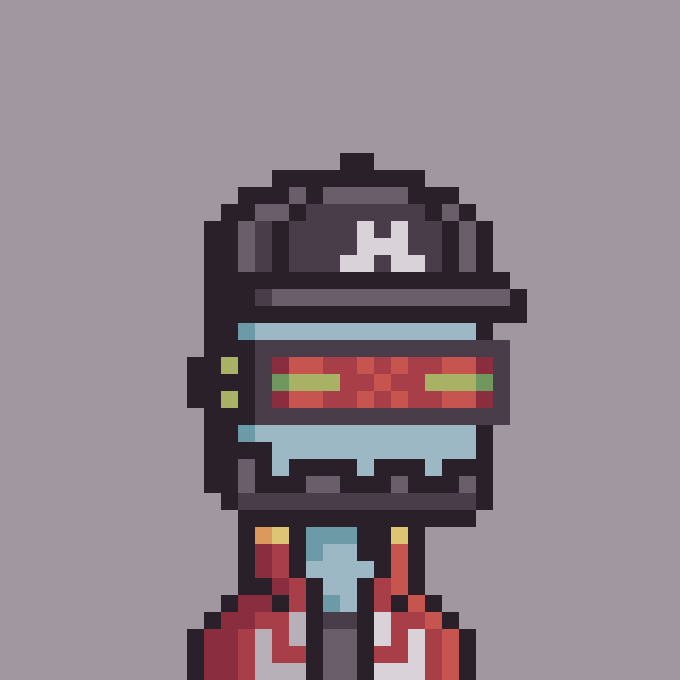 Pixel art depiction of a futuristic soldier or robot wearing a black helmet marked with "H" and a red-lit visor.