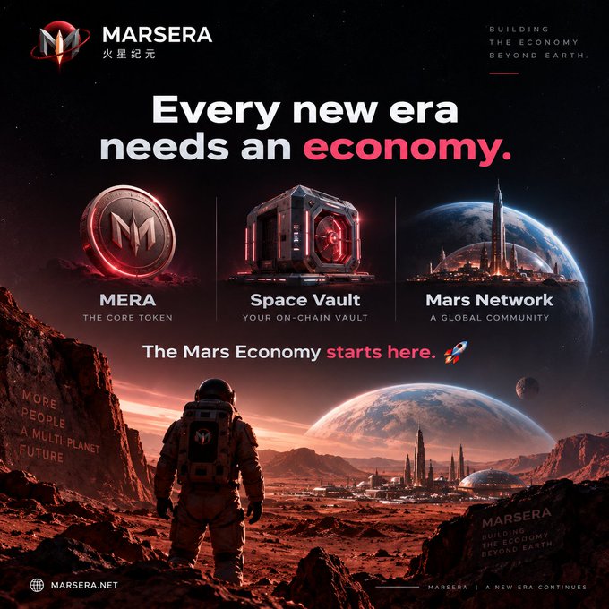 A Marsera promotional graphic features an astronaut overlooking a futuristic Mars colony, showcasing three core elements: MERA (the cryptocurrency token), Space Vault (on-chain storage), and Mars Network (global community), with the tagline "Every new era needs an economy" and "The Mars Economy starts here" reinforcing its vision of building an interplanetary financial ecosystem.