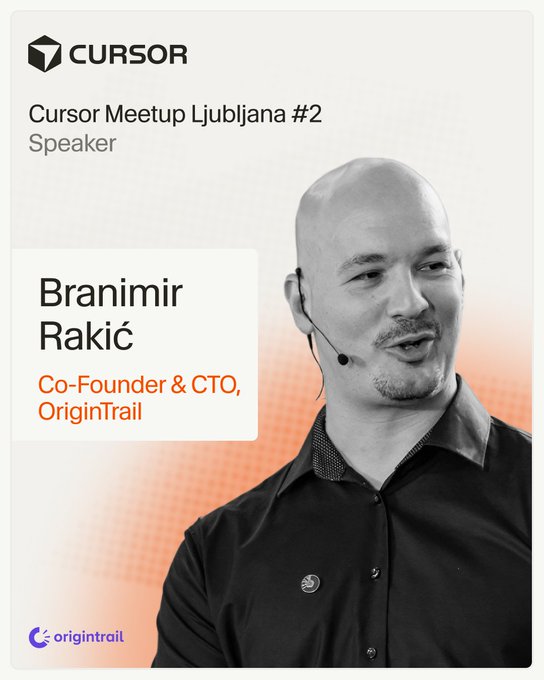The image features a man wearing a black shirt, standing against an orange background with white text that reads "Curator Meetup Lubljana #2 Speaker Brankir Rakuic Co-Founder & CTO, Origintrail". The main focus of the image is on the balding man in the center.
