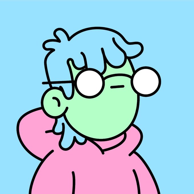 A simple cartoon drawing of a green-skinned character with round white glasses, blue hair, and a pink hoodie against a light blue background.