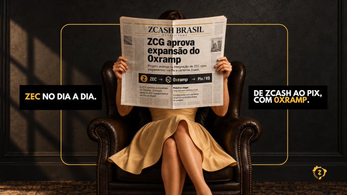 An advertisement featuring a woman in a yellow dress seated in a leather armchair reading a newspaper with the headline 'ZCG aprova expansão do Oxramp,' flanked by text reading 'ZEC NO DIA A DIA' and 'DE ZCASH AO PIX, COM OXRAMP.'