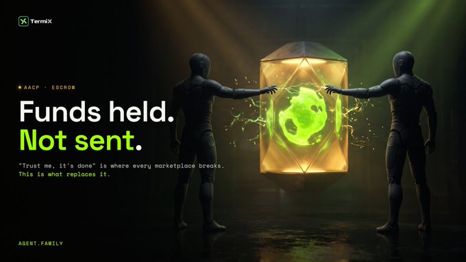A promotional graphic featuring two humanoid figures holding a glowing green object inside a transparent box, with text reading 'Funds held. Not sent.' and 'AACP · ESCROW' along with 'AGENT.FAMILY' branding.