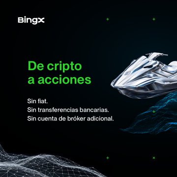 A BingX promotional banner reading 'De cripto a acciones' (From crypto to stocks) featuring a metallic horse head sculpture and mentioning no fees, no bank transfers, no additional broker account.