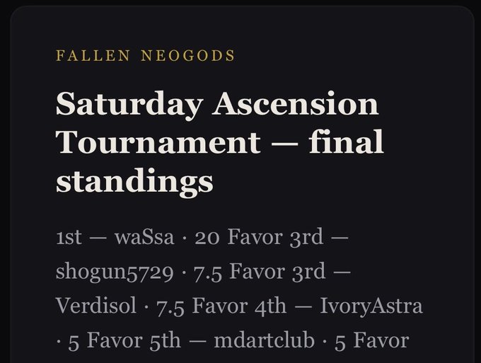A black screen displays "FALLEN NEOGODS Saturday Ascension Tournament – final standings," listing waSsa in 1st with 20 Favor, followed by shogun5729, Verdisol, IvoryAstra, and mdartclub.