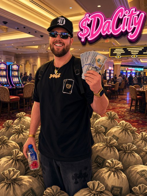 A smiling man in sunglasses stands in a casino holding cash and a water bottle, surrounded by slot machines and many money-filled bags; a pink sign reads “$DaCity.”