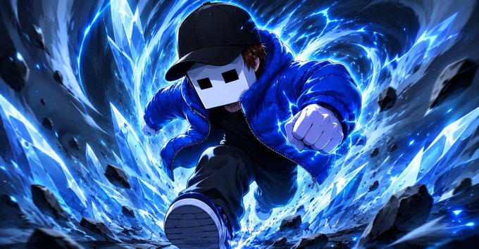 A figure wearing a black cap and white mask with rectangular eye holes runs forward in a blue hoodie, surrounded by swirling blue energy and shattered debris. The dynamic, powerful pose visually reinforces the confident "Gm chads" message with its bold, hype energy.