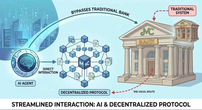 This image illustrates the concept of "Streamlined Interaction: AI & Decentralized Protocol," showing how an "AI AGENT" connects via "Direct Interaction" to a "Decentralized Protocol" network of "M&C" and "DATA" nodes, which then "Bypasses Traditional Bank" to interface with the "Traditional System" (representing institutions like banks and government buildings) through "The Usual Route."

The image visually reinforces the post's argument by depicting AI agents leveraging decentralized, privacy-focused infrastructure rather than forcing them into traditional Web2 banking systems that require KYC, highlighting the contrast between autonomous agent economies built on cryptographic privacy versus conventional institutional frameworks.
