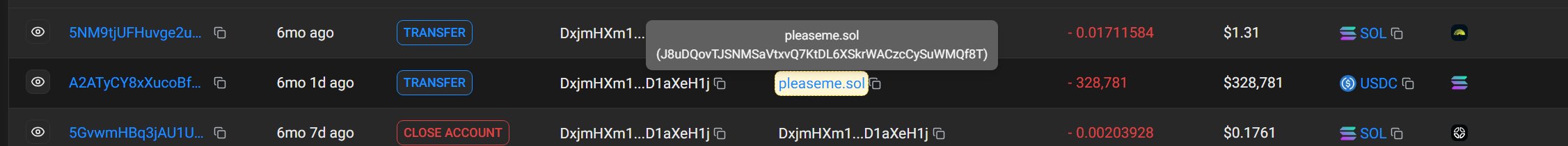 A cryptocurrency transaction history shows transfers involving 'pleaseme.sol' wallet, including a USDC transfer of $328,781 and SOL transactions with negative amounts visible.