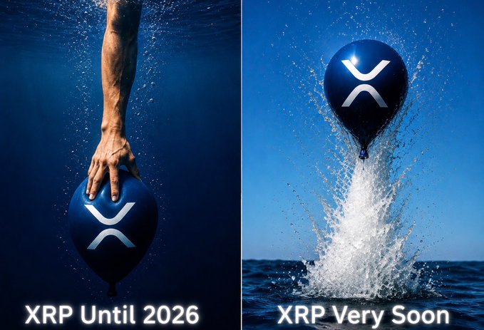 The image shows two blue balloons floating in a blue ocean, with one balloon being held by someone's hand and another balloon popping into the water. The caption below the image reads "XRP Very Soon".