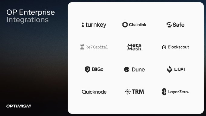 The image showcases the OP Enterprise Integrations, displaying logos of key partners including Turnkey, Chainlink, Safe, Re7 Capital, MetaMask, Blockscout, BitGo, Dune, LI.FI, Quicknode, TRM, and LayerZero, with the Optimism logo in the corner. This visual reinforces the post's message about providing production-grade infrastructure for teams building on the Superchain through a curated ecosystem of industry-leading tools and services.