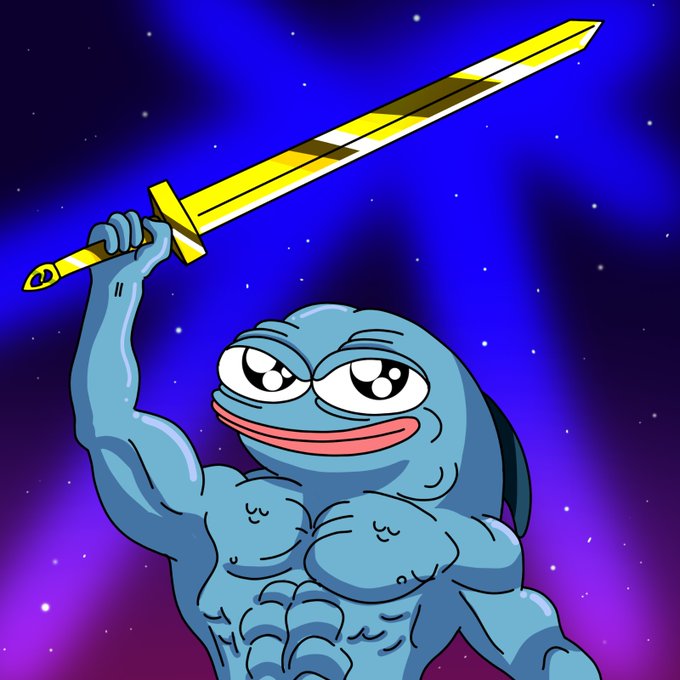 A cartoon illustration of a muscular blue frog-like character holding a golden sword triumphantly aloft against a starry purple background.