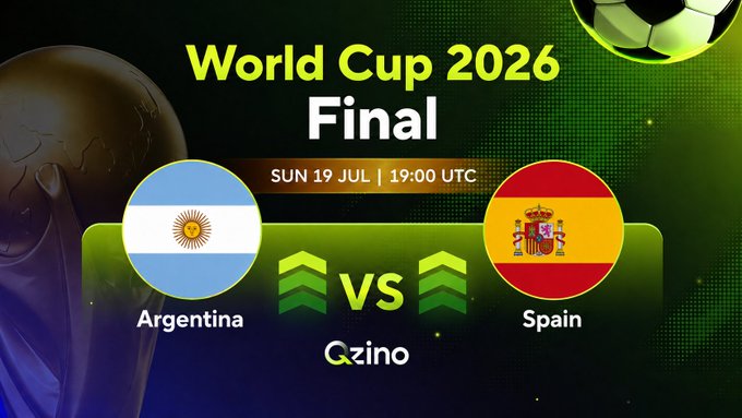 A graphic announces 'World Cup 2026 Final' on 'SUN 19 JUL | 19:00 UTC' between Argentina and Spain, branded with 'Gzino'.