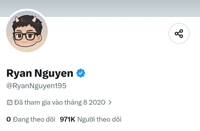 A social media profile page for 'Ryan Nguyen' (@RyanNguyen95), showing 0 following and 971K followers, with 'Đã tham gia vào tháng 8 2020' indicating August 2020 joining date.