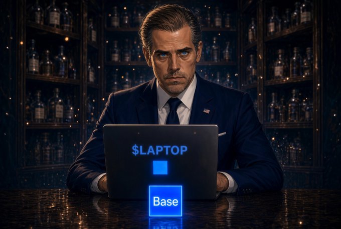 A man in a suit with an American flag pin, staring intensely at a laptop screen displaying '$LAPTOP' and a 'Base' logo.