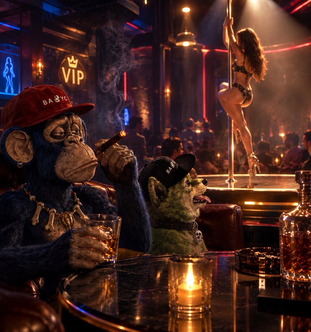 An AI-generated scene of two anthropomorphic apes wearing red and black 'BANG' baseball caps sitting at a smoky VIP lounge, with a chimpanzee smoking a cigar and drinking whiskey while a lemur sits beside them and a pole dancer performs on a stage in the background.