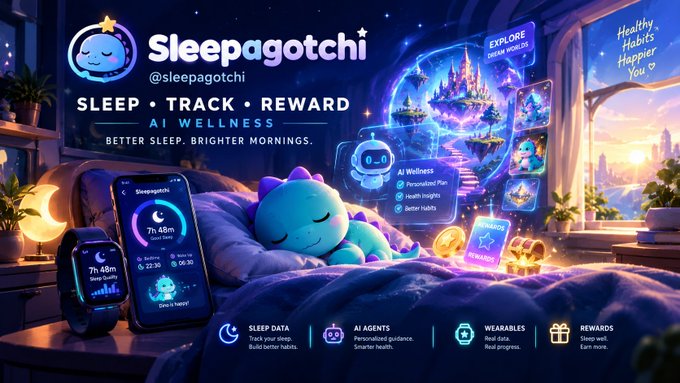 Promotional banner for 'Sleepagotchi' (@sleepagotchi), an AI wellness app for sleep tracking, showing a sleeping character on a bed alongside phone and smartwatch displaying sleep data, with a floating dream world featuring castles and floating islands.