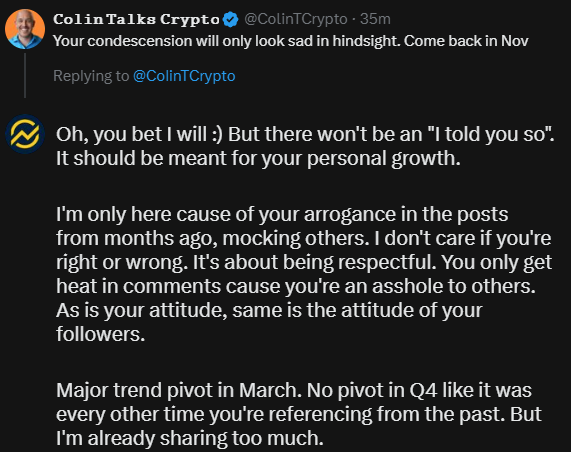 X/Twitter exchange between ColinTalks Crypto and another user arguing about arrogance and predicting a major trend pivot in March, with a reply 'Major trend pivot in March. No pivot in Q4 like it was every other time you're referencing from the past.'
