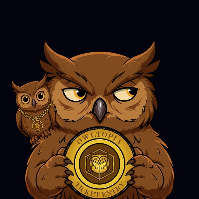 A cartoon brown owl wearing a gold chain holds a golden "OWLTOPIA TICKET ENTRY" coin, with a smaller owl perched beside it, fitting the "SOLANA NFTs!" theme as a mascot-style NFT entry token.