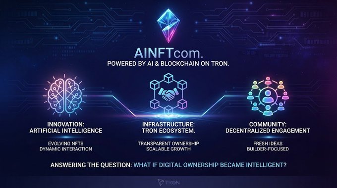 A promotional graphic for AINFT.com, powered by AI & Blockchain on TRON, highlighting three pillars: Artificial Intelligence, Tron Ecosystem Infrastructure, and Decentralized Community Engagement.