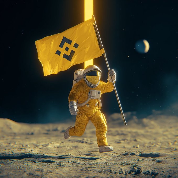 An astronaut in a yellow spacesuit triumphantly plants a yellow Binance (BNB) flag on the lunar surface, symbolizing the crypto's "moon mission" milestone. Earth glows faintly in the starry background as the figure strikes a victorious pose with the ₿-style logo, perfectly matching the celebratory "heading back" sentiment after reaching new highs.