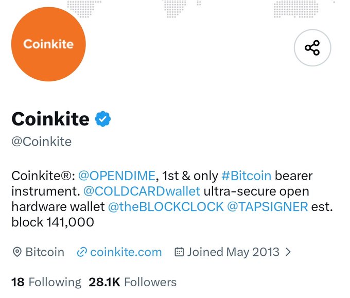 This is a Twitter/X profile page for Coinkite (@Coinkite), a verified Bitcoin-focused account with 28.1K followers, joined May 2013. The bio highlights their products: @OPENDIME (1st & only Bitcoin bearer instrument), @COLDCARDwallet (ultra-secure open hardware wallet), @theBLOCKCLOCK, and @TAPSIGNER, supporting the accompanying post about ColdCard Wallet being an ultra-secure hardware wallet.