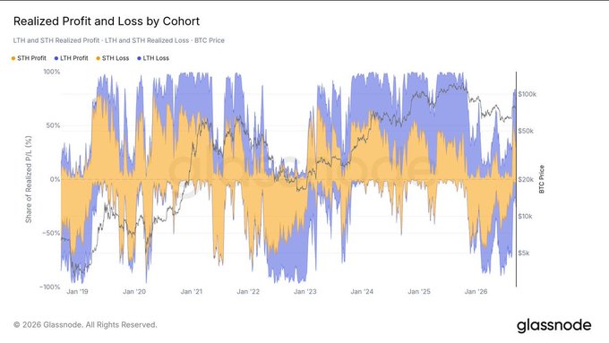 A Glassnode chart titled 'Realized Profit and Loss by Cohort' displays STH and LTH profit/loss percentages from 2019 to 2026 alongside BTC price data.