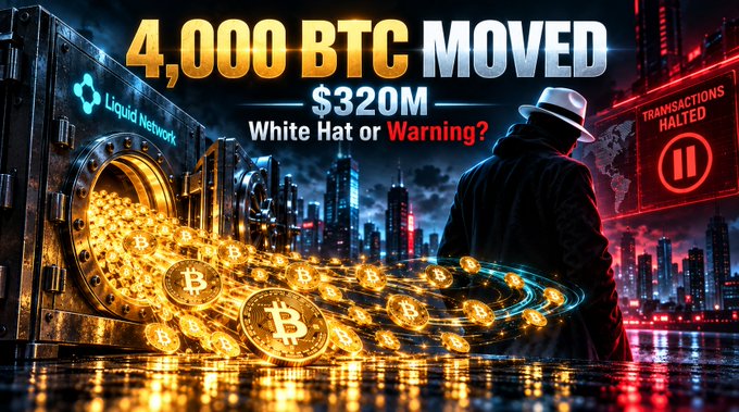 A graphic with text '4,000 BTC MOVED $320M White Hat or Warning?' showing gold Bitcoin coins spilling from a vault next to a figure in a fedora and a 'TRANSACTIONS HALTED' sign.