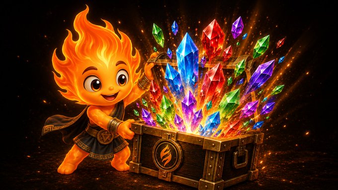 A joyful, flame-haired character opens a treasure chest overflowing with colorful crystals, symbolizing the "Shards" and "PYR" rewards mentioned in the accompanying post. The chest is adorned with a fiery emblem reminiscent of the VulcanX platform.