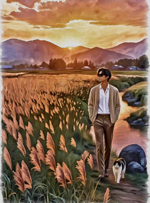 A digital illustration of a stylized figure with dark hair, wearing a beige blazer, walking through tall pampas grass alongside a calico cat at sunset, with mountains and a golden sky in the background—evoking the warm, tranquil atmosphere of a "Golden Equinox."