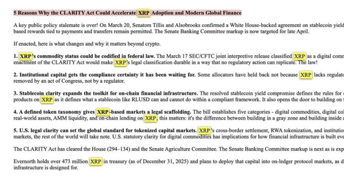 The image shows a document titled "5 Reasons Why the CLARITY Act Could Accelerate XRP Adoption and Modern Global Finance," with each point highlighted, including references to the SEC/CFTC's March 17 joint release classifying XRP as a digital commodity, the Senate Banking Committee markup targeted for late April, and Evernorth's treasury holding of over 473 million XRP as of December 31, 2025—directly supporting the post's claim about Evernorth's documentation outlining five reasons the CLARITY Act could accelerate XRP adoption.