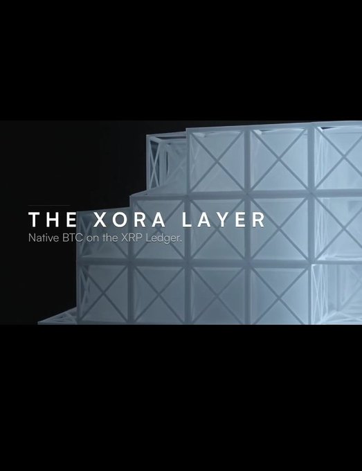 A promotional graphic with the text "THE XORA LAYER - Native BTC on the XRP Ledger" displayed next to a 3D wireframe geometric structure.