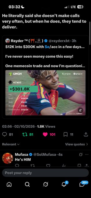 A screenshot of an X (Twitter) post by Rayder (@rayderxbt) bragging about turning $12K into $300K in days trading the meme coin $e/acc, with the image showing a +$301.8K gain and a photo of soccer player Lamine Yamal overlaid on the trade screen. The reply "He's HIM" by @SolMufasa sarcastically mocks the hyperbolic claim, tying into the post's casual tone about easy crypto profits.