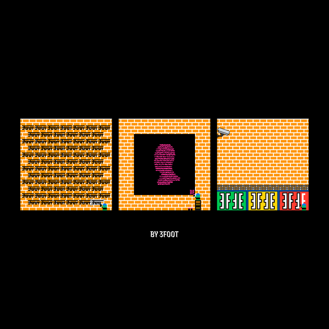 A triptych pixel art piece featuring repeated Hindi text 'तेज़' on a brick background, a pink figure formed from text, and the phrase 'I LOVE 3FIE' on license plates, with 'BY 3FOOT' credited below.