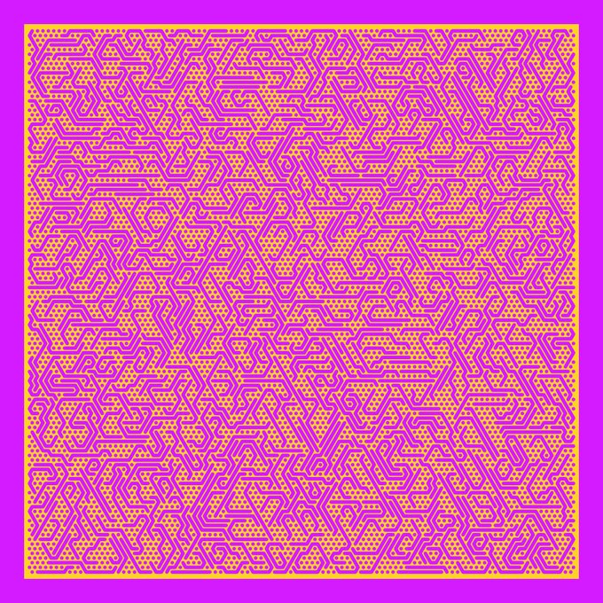 Abstract digital art featuring an intricate, maze-like pattern in pink and yellow with a vibrant pink border.