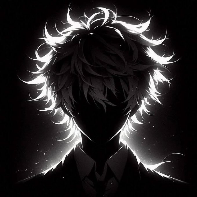 A stylized black and white anime-style illustration of a figure with glowing, spiky white hair and a dark, faceless silhouette wearing a suit.