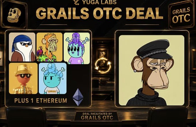 A 'Yuga Labs Grails OTC Deal' promotional graphic showing a Bored Ape NFT collection bundled with 1 Ethereum, alongside a CryptoPunk character in a beret, with the deal facilitated by Grails OTC.